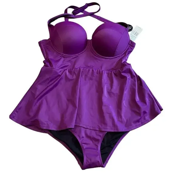 TORRID NWT Purple Sz 0 L Peplum 1 Piece Swimsuit REMOVABLE PADDING MSPR $98.90 - Picture 1 of 8
